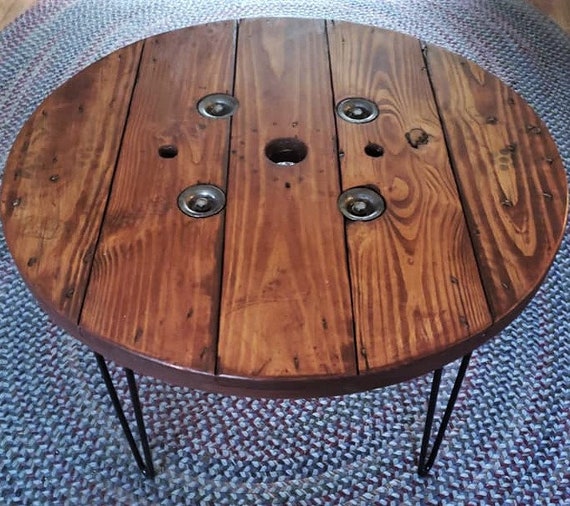 Farmhouse Wood Spool Table - 20" to 36 IN - Hairpin & Pipe Legs - Statement Piece Gift - Round Coffee Side Dining Pub Outdoor Wooden Table