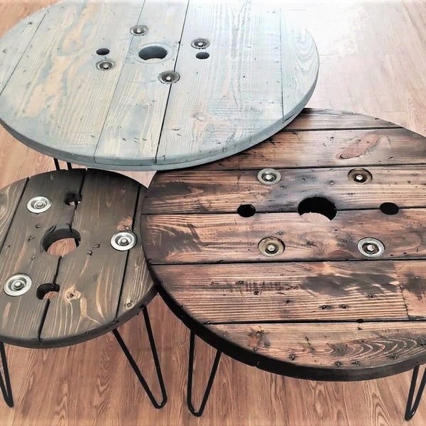 Farmhouse Wood Spool Table - 20" to 36 IN - Hairpin & Pipe Legs - Statement Piece Gift - Round Coffee Side Dining Pub Outdoor Wooden Table