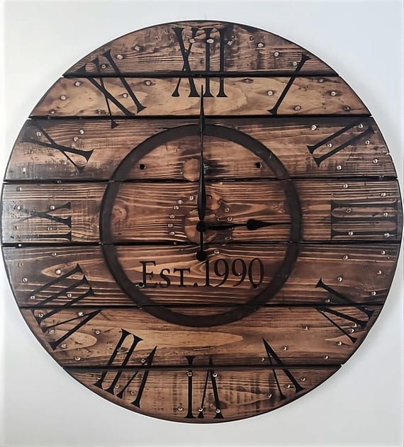 Farmhouse Wood Spool Wall Clock - 20" to 36 IN Round Wooden Clock - Personalized Unique Gift - Industrial Rustic Statement Piece- Custom Art