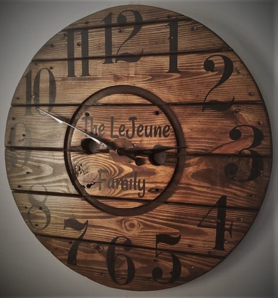 Farmhouse Wood Spool Wall Clock - 20" to 36 IN Round Wooden Clock - Personalized Unique Gift - Industrial Rustic Statement Piece- Custom Art