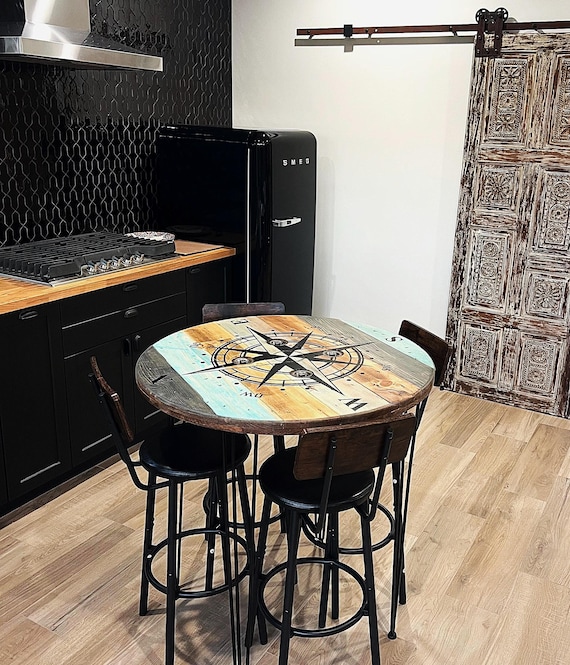 Rustic Spool Wood Round Table – 20" to 36" – Hairpin or Pipe Legs – Coffee Side Dining Pub Outdoor Table – Farmhouse Industrial Decor