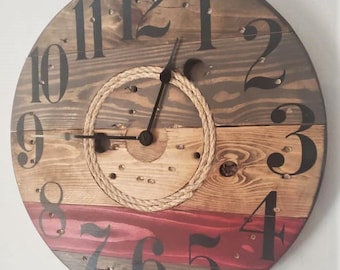 Farmhouse Wood Spool Wall Clock - 20" to 36 IN Round Wooden Clock - Personalized Unique Gift - Industrial Rustic Statement Piece- Custom Art