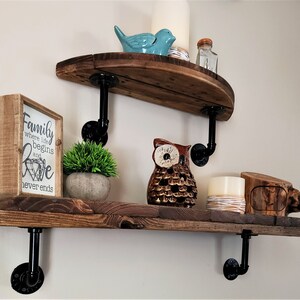 Farmhouse Wood Spool Pipe Shelf -  Statement Piece Gift - 20 to 34 IN Rustic Wood Floating Shelves - Industrial Wall Decor Colorful Shelving