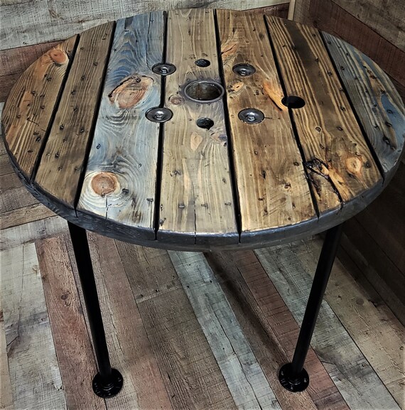 Farmhouse Wood Spool Table - 20 - 36 - Hairpin & Pipe Legs - Round Coffee  End Side Dining Pub Outdoor Wooden Table - New Industrial Rustic