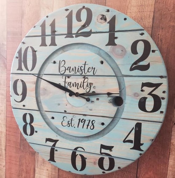 Farmhouse Wood Spool Wall Clock - 20" to 36 IN Round Wooden Clock - Personalized Unique Gift - Industrial Rustic Statement Piece- Custom Art