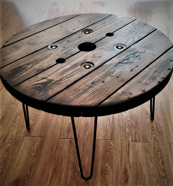 Farmhouse Wood Spool Table - 20" to 36 IN - Hairpin & Pipe Legs - Statement Piece Gift - Round Coffee Side Dining Pub Outdoor Wooden Table