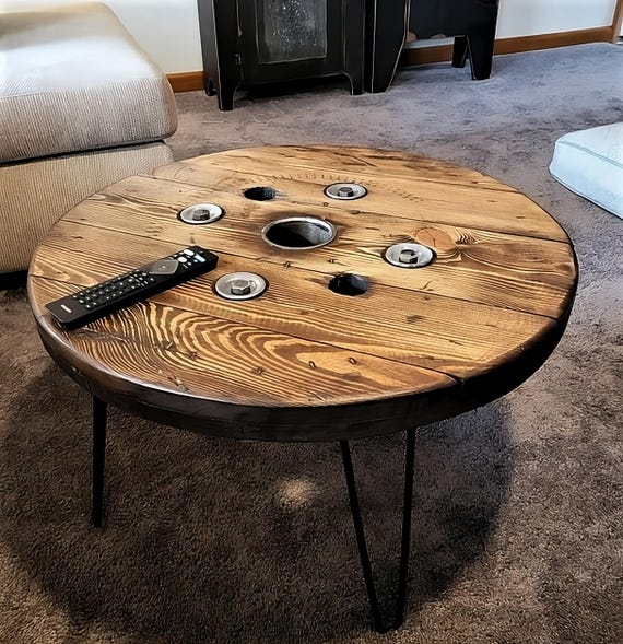 Farmhouse Wood Spool Table - 20" to 36 IN - Hairpin & Pipe Legs - Statement Piece Gift - Round Coffee Side Dining Pub Outdoor Wooden Table