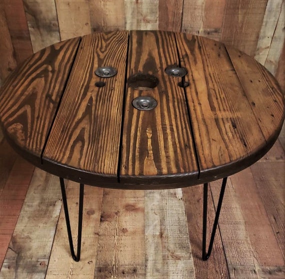 Farmhouse Wood Spool Table - 20" to 36 IN - Hairpin & Pipe Legs - Statement Piece Gift - Round Coffee Side Dining Pub Outdoor Wooden Table