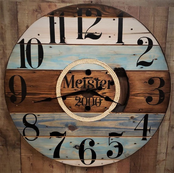 Farmhouse Wood Spool Wall Clock - 20" to 36 IN Round Wooden Clock - Personalized Unique Gift - Industrial Rustic Statement Piece- Custom Art