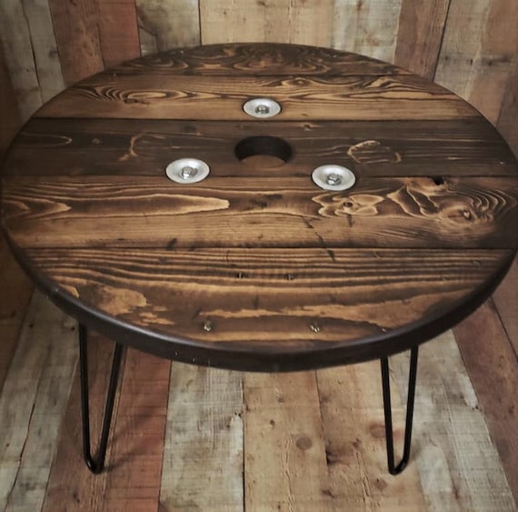 Farmhouse Wood Spool Table - 20" to 36 IN - Hairpin & Pipe Legs - Statement Piece Gift - Round Coffee Side Dining Pub Outdoor Wooden Table