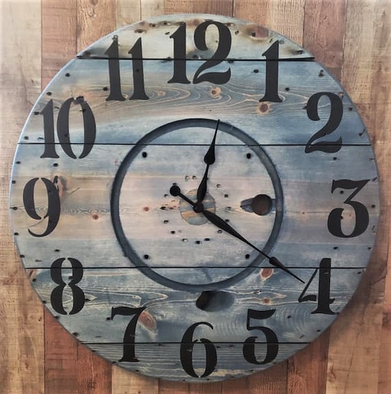 Farmhouse Wood Spool Wall Clock - 20" to 36 IN Round Wooden Clock - Personalized Unique Gift - Industrial Rustic Statement Piece- Custom Art