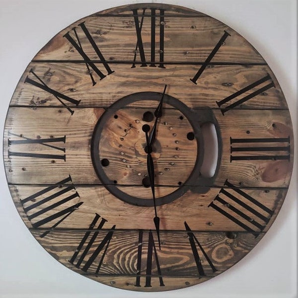 Farmhouse Wood Spool Wall Clock - 20" to 36 IN Round Wooden Clock - Personalized Unique Gift - Industrial Rustic Statement Piece- Custom Art