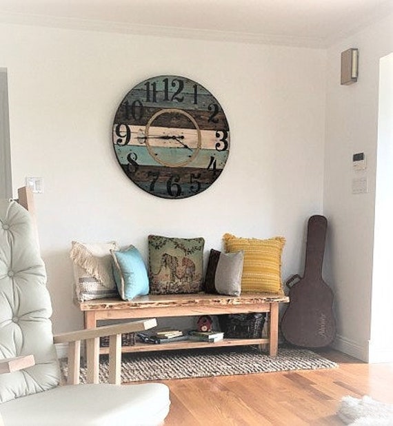 Farmhouse Wood Spool Wall Clock - 20" to 36 IN Round Wooden Clock - Personalized Unique Gift - Industrial Rustic Statement Piece- Custom Art