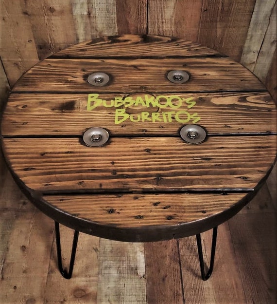 Farmhouse Wood Spool Table - 20" to 36 IN - Hairpin & Pipe Legs - Statement Piece Gift - Round Coffee Side Dining Pub Outdoor Wooden Table