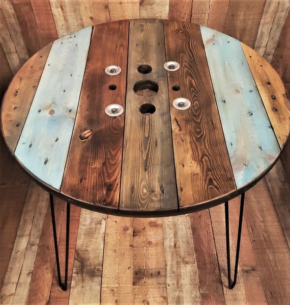 Farmhouse Wood Spool Table - 20" to 36 IN - Hairpin & Pipe Legs - Statement Piece Gift - Round Coffee Side Dining Pub Outdoor Wooden Table