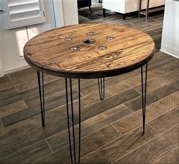 Farmhouse Wood Spool Table - 20" to 36 IN - Hairpin & Pipe Legs - Statement Piece Gift - Round Coffee Side Dining Pub Outdoor Wooden Table