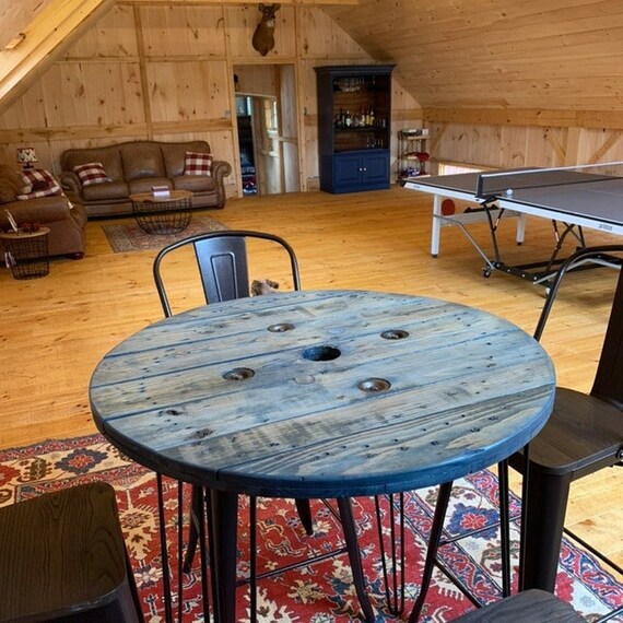 Farmhouse Wood Spool Table - 20" to 36 IN - Hairpin & Pipe Legs - Statement Piece Gift - Round Coffee Side Dining Pub Outdoor Wooden Table