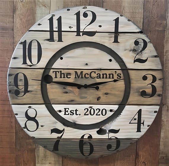 Farmhouse Wood Spool Wall Clock - 20" to 36 IN Round Wooden Clock - Personalized Unique Gift - Industrial Rustic Statement Piece- Custom Art
