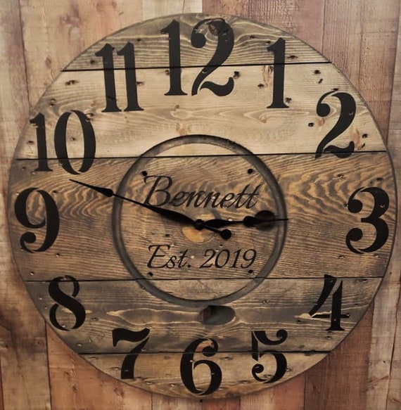 Farmhouse Wood Spool Wall Clock - 20" to 36 IN Round Wooden Clock - Personalized Unique Gift - Industrial Rustic Statement Piece- Custom Art