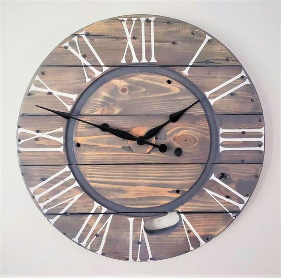 Farmhouse Wood Spool Wall Clock - 20" to 36 IN Round Wooden Clock - Personalized Unique Gift - Industrial Rustic Statement Piece- Custom Art