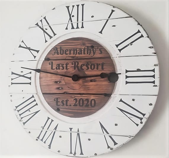 Farmhouse Wood Spool Wall Clock - 20" to 36 IN Round Wooden Clock - Personalized Unique Gift - Industrial Rustic Statement Piece- Custom Art
