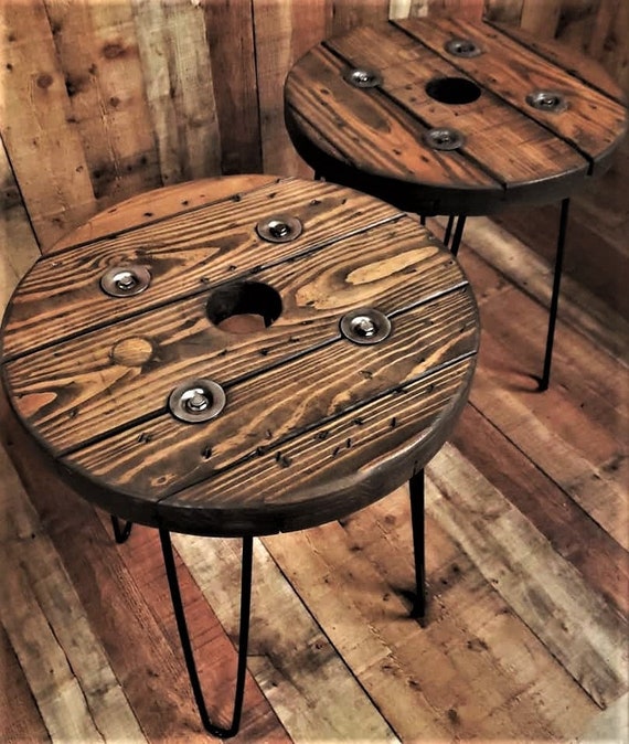 Farmhouse Wood Spool Table - 20" to 36 IN - Hairpin & Pipe Legs - Statement Piece Gift - Round Coffee Side Dining Pub Outdoor Wooden Table