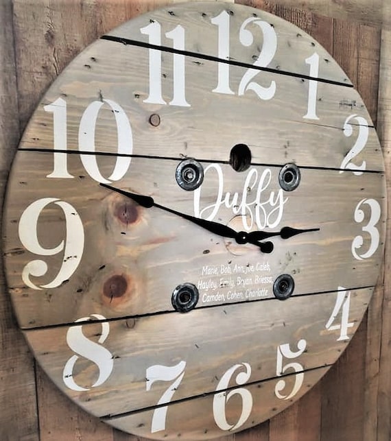 Farmhouse Wood Spool Wall Clock - 20" to 36 IN Round Wooden Clock - Personalized Unique Gift - Industrial Rustic Statement Piece- Custom Art