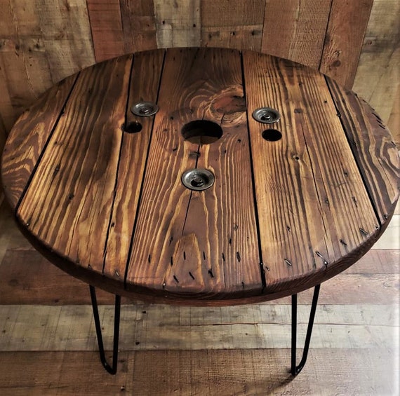 Farmhouse Wood Spool Table - 20" to 36 IN - Hairpin & Pipe Legs - Statement Piece Gift - Round Coffee Side Dining Pub Outdoor Wooden Table