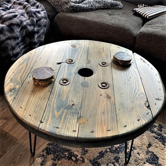 Farmhouse Wood Spool Table - 20" to 36 IN - Hairpin & Pipe Legs - Statement Piece Gift - Round Coffee Side Dining Pub Outdoor Wooden Table