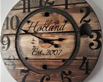 Farmhouse Wood Spool Wall Clock - 20" to 36 IN Round Wooden Clock - Personalized Unique Gift - Industrial Rustic Statement Piece- Custom Art