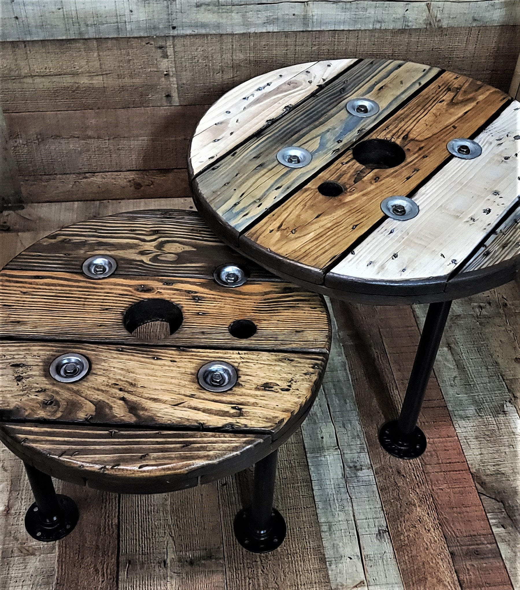 Farmhouse Wood Spool Table 20 to 36 IN Hairpin Pipe Legs Statement Piece Gift Round Coffee Side Dining Pub Outdoor Wooden Table