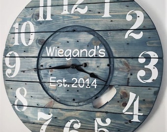 Farmhouse Wood Spool Wall Clock - 20" to 36 IN Round Wooden Clock - Personalized Unique Gift - Industrial Rustic Statement Piece- Custom Art