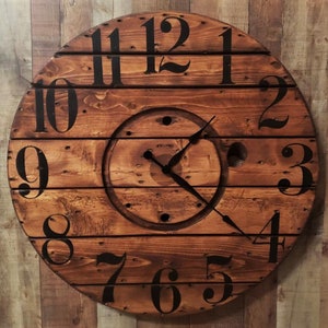 Farmhouse Wood Spool Wall Clock - 20" to 36 IN Round Wooden Clock - Personalized Unique Gift - Industrial Rustic Statement Piece- Custom Art