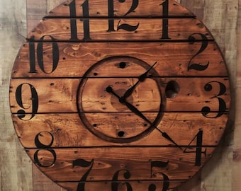 Farmhouse Wood Spool Wall Clock - 20" to 36 IN Round Wooden Clock - Personalized Unique Gift - Industrial Rustic Statement Piece- Custom Art