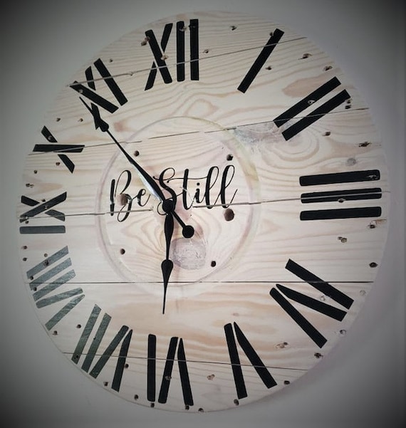 Farmhouse Wood Spool Wall Clock - 20" to 36 IN Round Wooden Clock - Personalized Unique Gift - Industrial Rustic Statement Piece- Custom Art