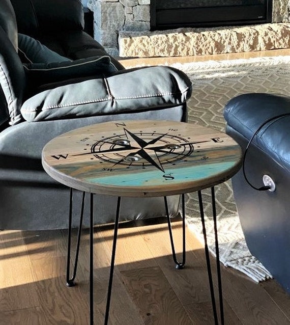 Farmhouse Wood Spool Table - 20" to 36 IN - Hairpin & Pipe Legs - Statement Piece Gift - Round Coffee Side Dining Pub Outdoor Wooden Table