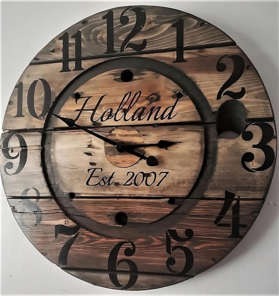 Farmhouse Wood Spool Wall Clock - 20" to 36 IN Round Wooden Clock - Personalized Unique Gift - Industrial Rustic Statement Piece- Custom Art