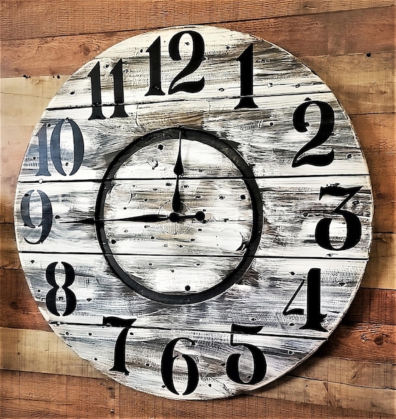 Farmhouse Wood Spool Wall Clock - 20" to 36 IN Round Wooden Clock - Personalized Unique Gift - Industrial Rustic Statement Piece- Custom Art