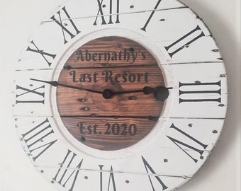 Farmhouse Wood Spool Wall Clock - 20" to 36 IN Round Wooden Clock - Personalized Unique Gift - Industrial Rustic Statement Piece- Custom Art