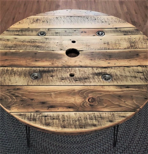 Farmhouse Wood Spool Table - 20" to 36 IN - Hairpin & Pipe Legs - Statement Piece Gift - Round Coffee Side Dining Pub Outdoor Wooden Table