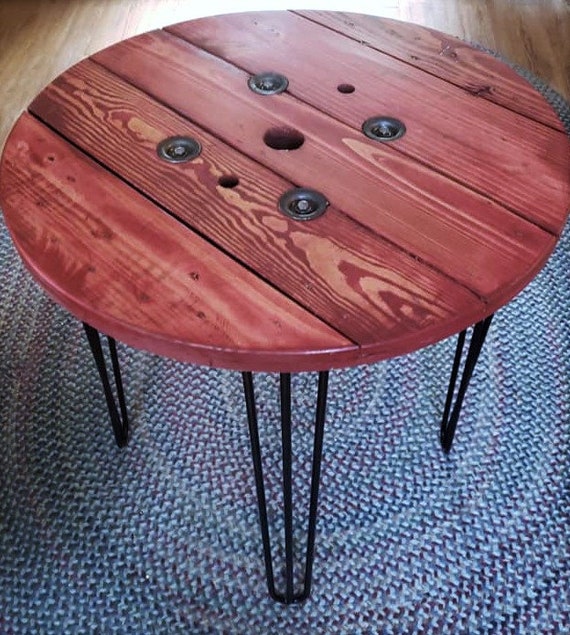 Farmhouse Wood Spool Table - 20" to 36 IN - Hairpin & Pipe Legs - Statement Piece Gift - Round Coffee Side Dining Pub Outdoor Wooden Table