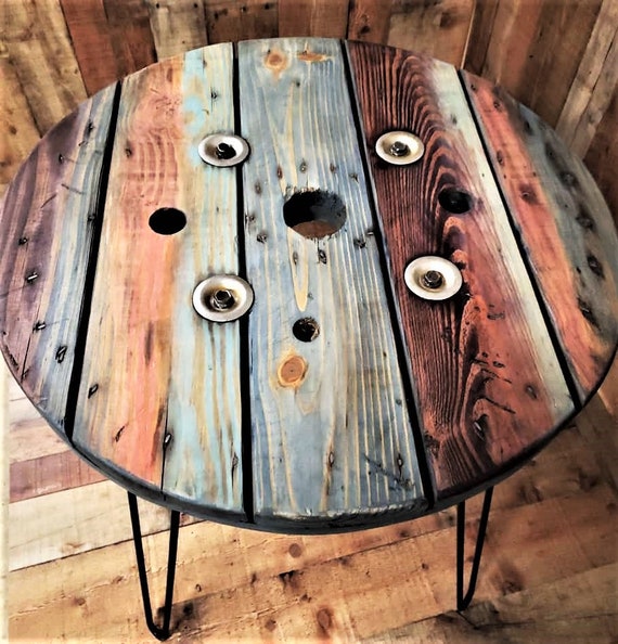 Farmhouse Wood Spool Table - 20" to 36 IN - Hairpin & Pipe Legs - Statement Piece Gift - Round Coffee Side Dining Pub Outdoor Wooden Table