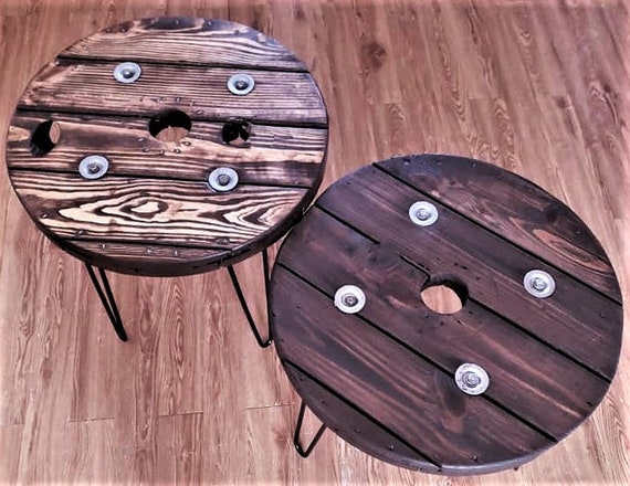 Farmhouse Wood Spool Table - 20" to 36 IN - Hairpin & Pipe Legs - Statement Piece Gift - Round Coffee Side Dining Pub Outdoor Wooden Table