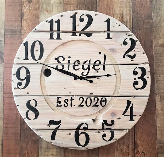 Farmhouse Wood Spool Wall Clock - 20" to 36 IN Round Wooden Clock - Personalized Unique Gift - Industrial Rustic Statement Piece- Custom Art
