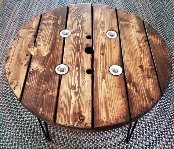 Farmhouse Wood Spool Table - 20" to 36 IN - Hairpin & Pipe Legs - Statement Piece Gift - Round Coffee Side Dining Pub Outdoor Wooden Table