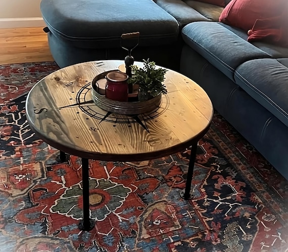 Farmhouse Wood Spool Table - 20" to 36 IN - Hairpin & Pipe Legs - Statement Piece Gift - Round Coffee Side Dining Pub Outdoor Wooden Table