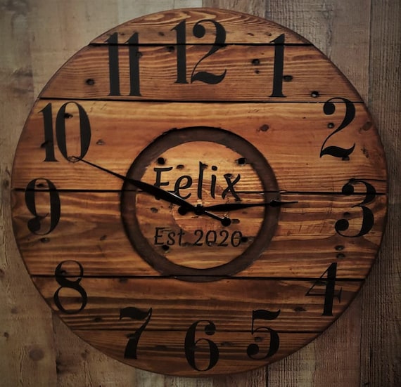 Farmhouse Wood Spool Wall Clock - 20" to 36 IN Round Wooden Clock - Personalized Unique Gift - Industrial Rustic Statement Piece- Custom Art