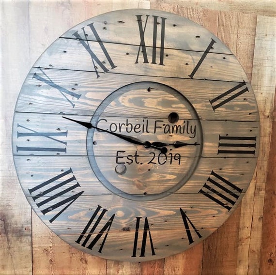 Farmhouse Wood Spool Wall Clock - 20" to 36 IN Round Wooden Clock - Personalized Unique Gift - Industrial Rustic Statement Piece- Custom Art