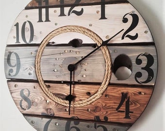 Farmhouse Wood Spool Wall Clock - 20" to 36 IN Round Wooden Clock - Personalized Unique Gift - Industrial Rustic Statement Piece- Custom Art