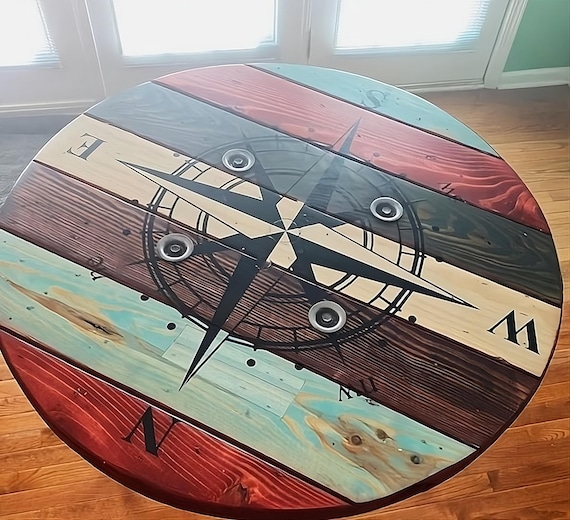 Farmhouse Wood Spool Table - 20" to 36 IN - Hairpin & Pipe Legs - Statement Piece Gift - Round Coffee Side Dining Pub Outdoor Wooden Table